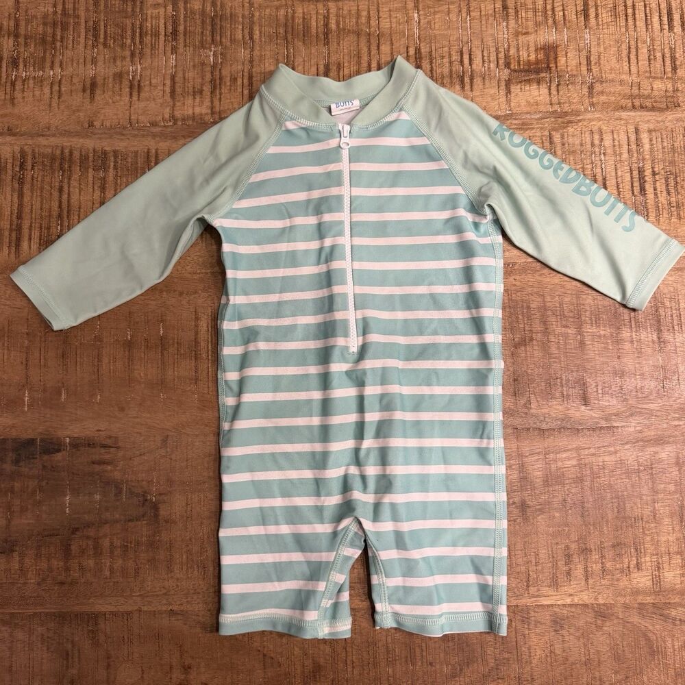 RuggedButts Striped Rash Guard Bodysuit 6-12 Months‎ Teal Turquoise Swimsuit